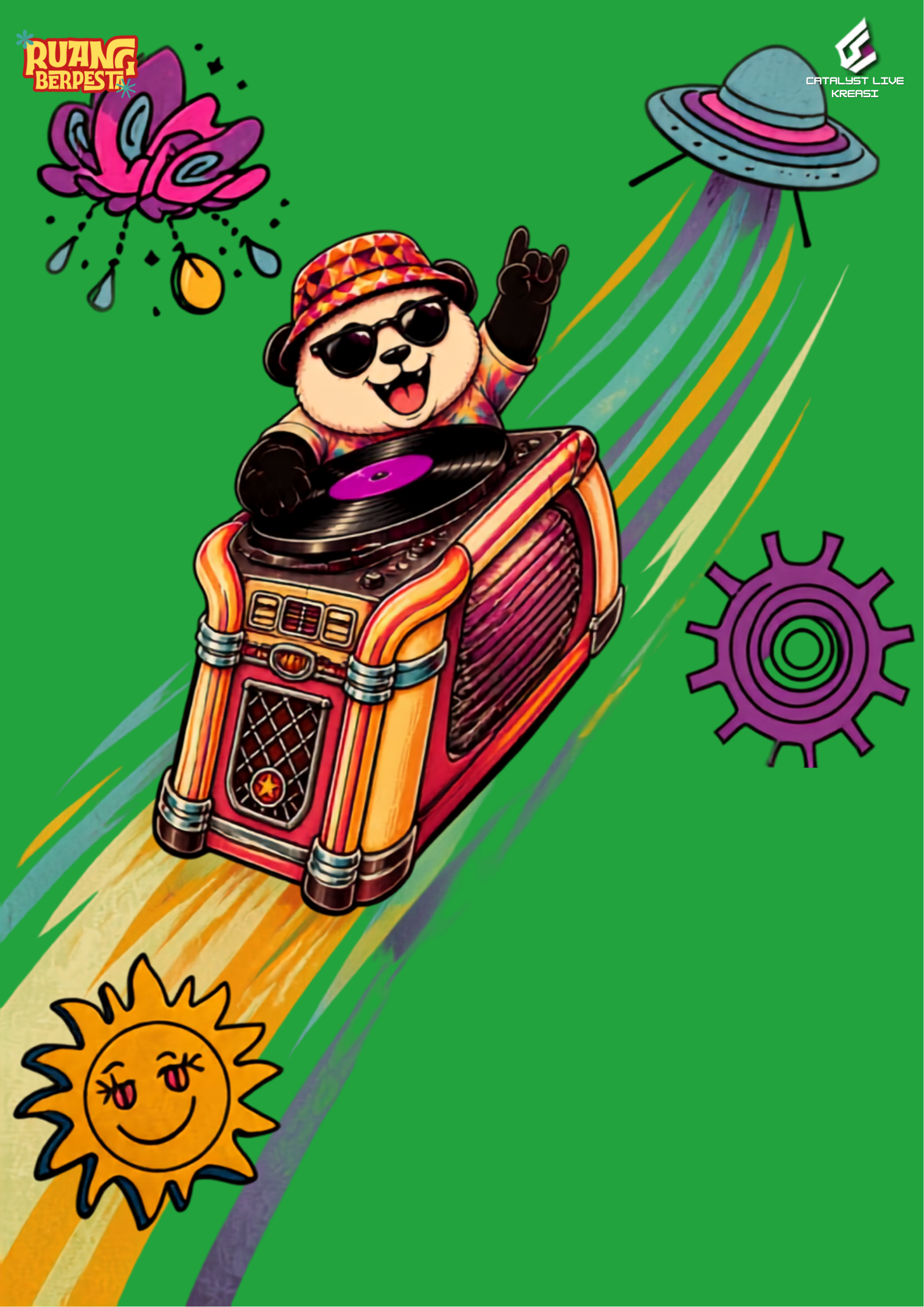Poster panda terbang di jukebox